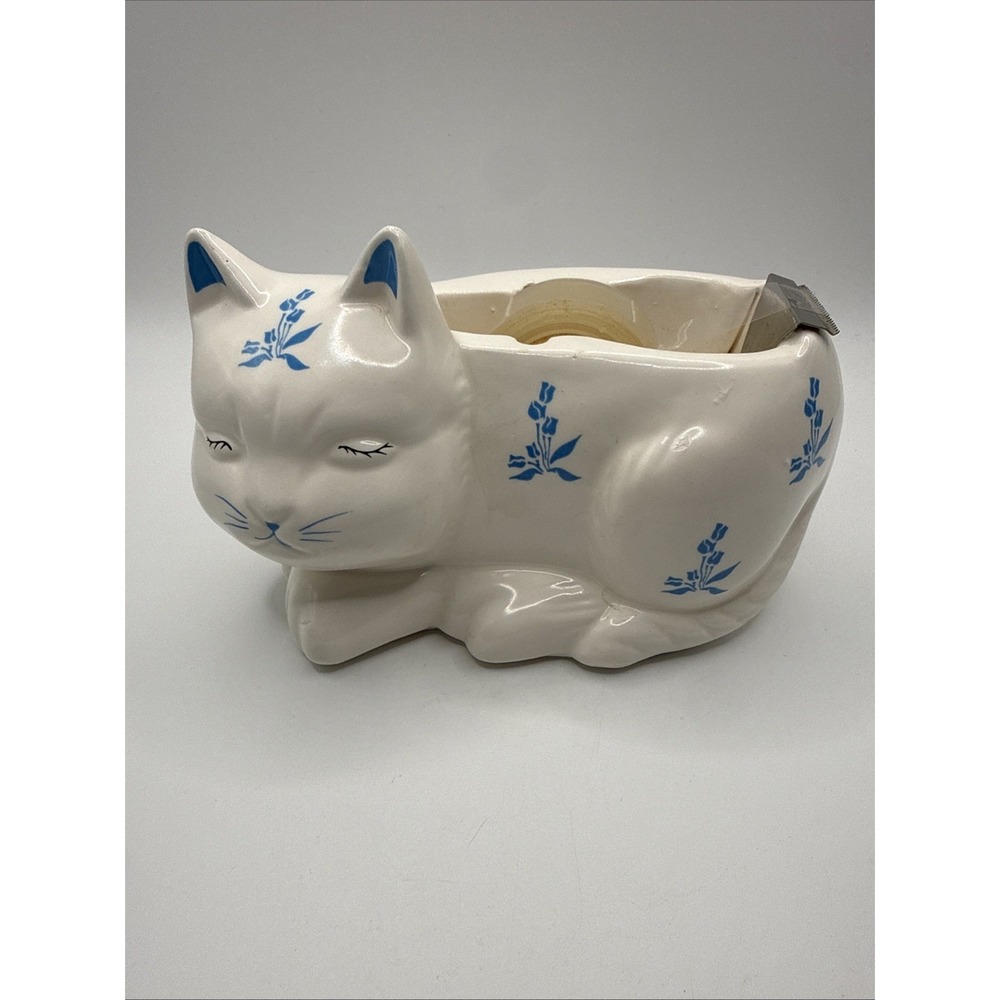 Vintage 1980s Ceramic Cat Tape Dispenser Sleeping Kitty Blue Floral